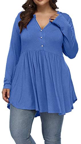 Women's Plus Size Henley V Neck Button Tunic Tops Long sleeve Swing Flowy Shirts