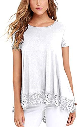 Women's O Neck Long Short Sleeve Solid Blouses Lace Trim A Line Shirts