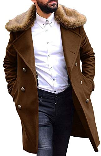 Mens Stylish Trench Coat Removable Faux Fur Collar Topscoat Double Breasted Winter Overcoat Warm Long Pea Coat