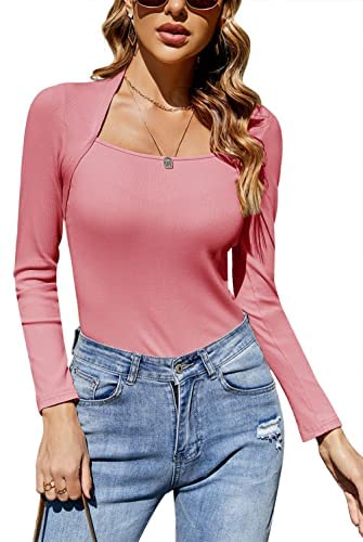 GAMISOTE Womens Slim Fit Long Sleeve Tops Scoop Neck Ribbed Knit Night Out Tunic Blouses