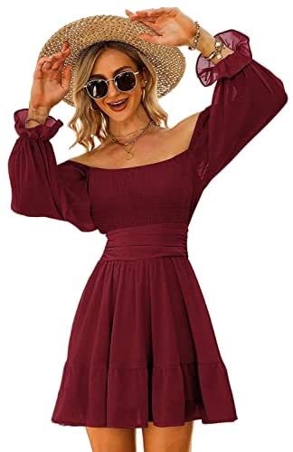 Women Elastic Smocked Bust Tie Back Long Puff Sleeve Square Neck Ruffle Dress A-line Casual Mini Dress