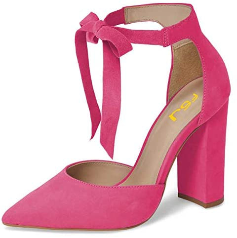 FSJ Women Faux Suede Chunky Block Heel Pump D'Orsay Pointed Toe Ankle Strap Lace Up Sandals Size 4-15 US
