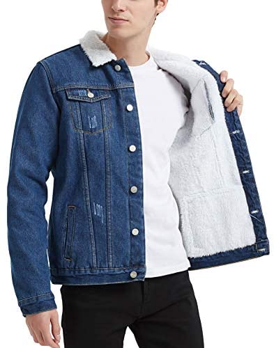 Plaid&Plain Men's Fleece Lined Borg Collar The Sherpa Trucker Jacket Jean Denim Jacket