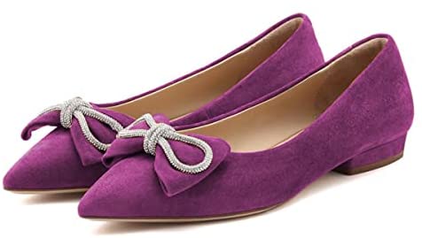 FSJ Women Fashion Sparkling Crystal Bowknot Chic Chain Comfortable Slip on Pointed Toe Low Heels Chunky Ballet Flats Dress Party Office Shoes Size 4-15 US