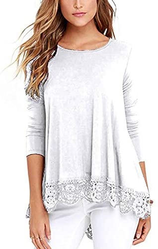 Women's O Neck Long Short Sleeve Solid Blouses Lace Trim A Line Shirts