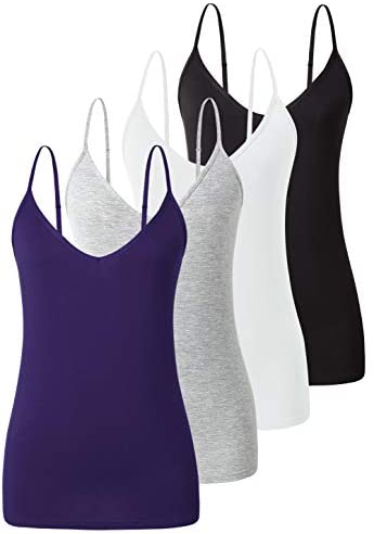Xelky Womens V Neck Camisole Lightweight Tank Tops Adjustable Spaghetti Strap Undershirts Stretch Soft Plain cami 4 Pack S-XL