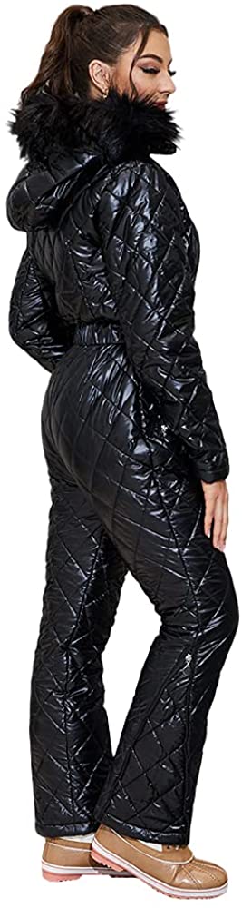 Womens Onesies Ski Suit Winter Outdoor Waterproof Ski Jumpsuit Jacket Overall Snowsuit Fur Collar with Hoodies Removable