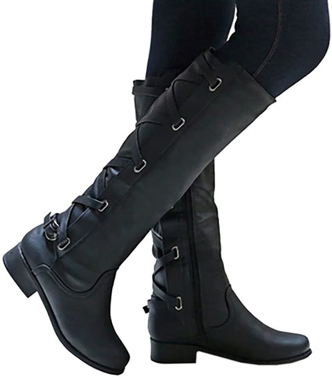 Womens Buckle Knee High Boots Riding Strappy Lace Up Pleated Low Heel Combat Boots
