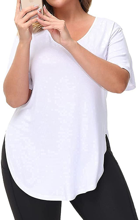 Womens Casual Scoop Collar Plus Size T Shirts Black 3X & Side Split Tops Without Pockets White 3X