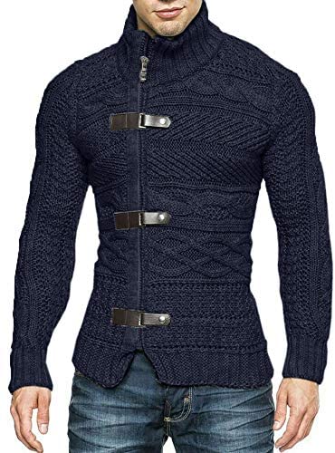 Karlywindow Mens Cable Knitted Cardigan Sweater Turtleneck Long Sleeve Slim Fit Winter Zipper Front Casual Pullover Sweaters