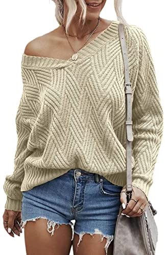 Womens Fashion Sweaters Sexy V Neck Long Sleeve Oversized Cable Knit Pullovers Casual Tunic Tops