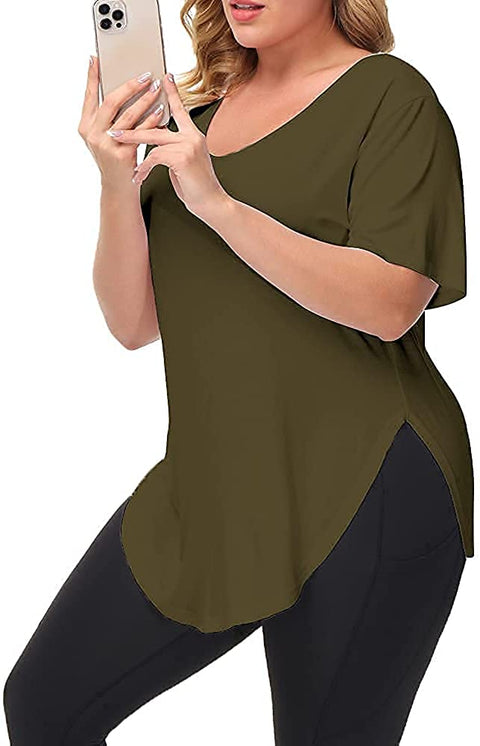 Womens Casual Scoop Collar Plus Size T Shirts Black 2X & Side Split Tops Without Pockets Army Green 2X