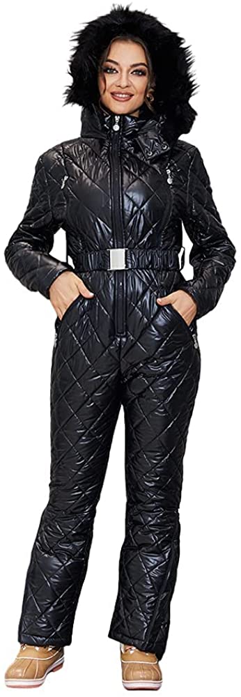 Womens Onesies Ski Suit Winter Outdoor Waterproof Ski Jumpsuit Jacket Overall Snowsuit Fur Collar with Hoodies Removable