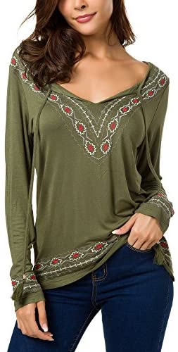 Women's Long Sleeve Boho Tops Tie Neck Embroidered Detail