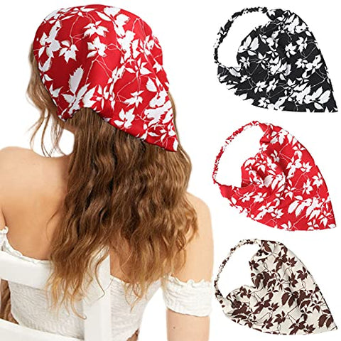 Floral Elastic Hair Scarf Headband - 3 PCS Chiffon Head Kerchief Headband Print Floral Hair Scarves with Hair Clips Kerchief Head Scarf Hair Bandanas for Women (White/Beige/Purple)
