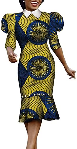 XIAOHUAGUA African Dashiki Print Dresses for Women Half Puff Sleeve Pearls Elegant Party Dress