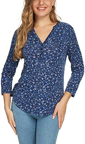 Women's 3/4 Sleeve Floral Print Shirts V Neck Button Up Blouse Tops