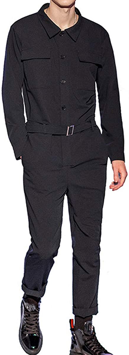 Men's Fashion Long Sleeve Cargo Jumpsuit Casual Solid Color Button Down Coverall
