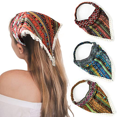 Floral Elastic Hair Scarf Headband - 3 PCS Chiffon Head Kerchief Headband Print Floral Hair Scarves with Hair Clips Kerchief Head Scarf Hair Bandanas for Women (White/Beige/Purple)