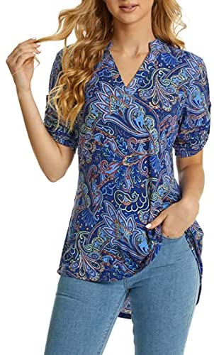 Women's 3/4 Roll Sleeve Tunic Shirts Floral Printed Hi-Low Hem V Neck Blouse Shirts