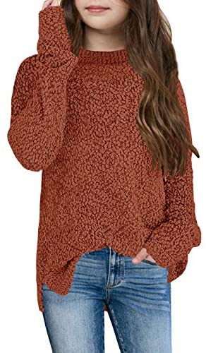 GAMISOTE Girl's Fuzzy Warm Sweater Crew Neck Chunky Side Slit Jumper Pullover Outwear