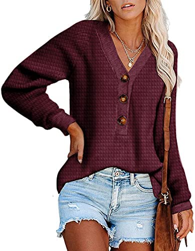 Womens Fall Casual Sweatshirts Button Down Henley Tunic Tops Long Sleeve Solid Activewear Pullover