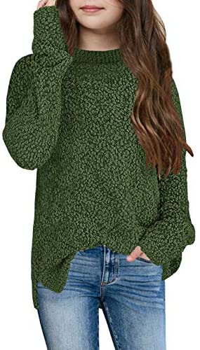 GAMISOTE Girl's Fuzzy Warm Sweater Crew Neck Chunky Side Slit Jumper Pullover Outwear
