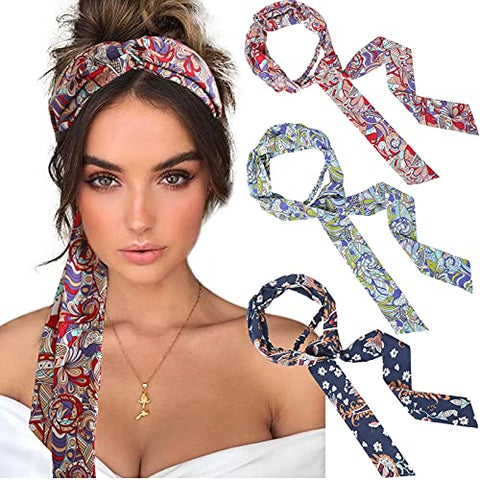 Women Long Head Wraps Bands - Twist Knotted Headbands for Women Long Thick Hair 3PCS Chiffon Criss Cross Head Wraps Non Slip Hair Band (navy red white)