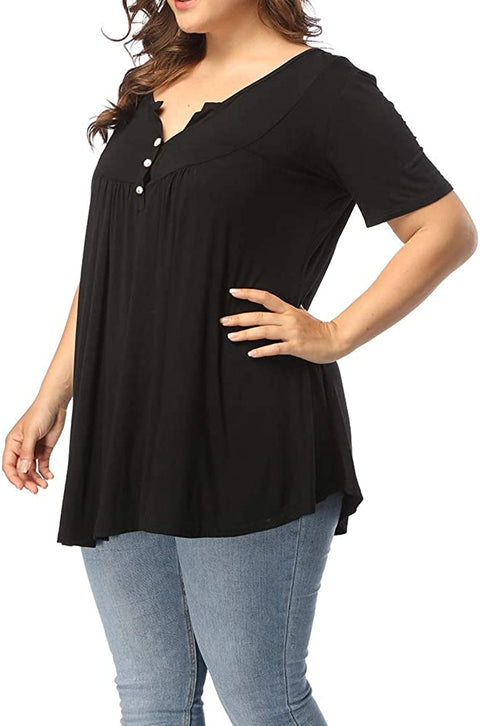 Women's Plus Size Henley V Neck Button Up Tunic Tops Casual Short Sleeve Ruffle Blouse Shirts