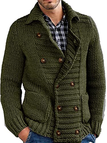 Mens Cable Knit Cardigan Sweater Stand Collar Button Down Loose Fit Long Sleeve Warm Casual Cardigans with Pockets