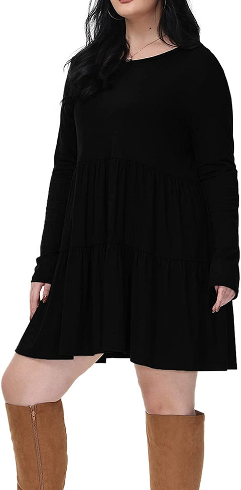 Plus Size Dress Long Sleeve Tiered Midi Dresses for Women Casual Fall Loose Party Knee Length Tshirt Dresses