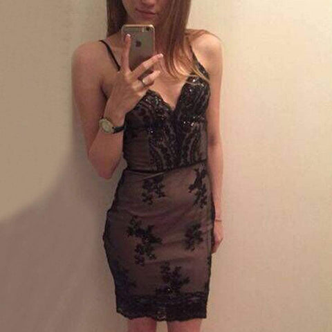 Women’s Sexy Backless Sparkling Dress Sequins Floral Deep V Neck Clubwear Party Bodycon Mini Short Dress (Black, X-Small)