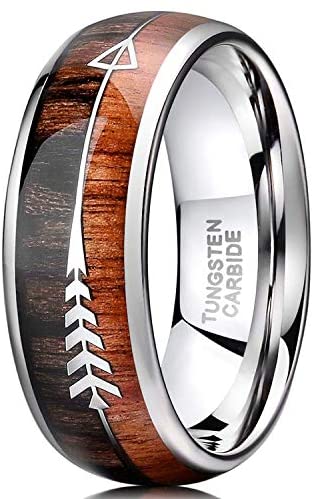TRUMIUM 8mm Tungsten Wedding Ring Koa Wood Arrows Inlay Vikings Hunting Ring Silver/Black Band Dome Comfort Fit Size 6-13