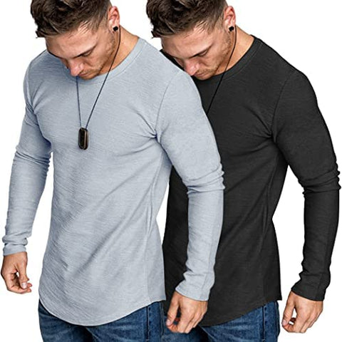 Men 2 Pack Muscle Fitted T Shirt Gym Workout Athletic Long Sleeves Tee