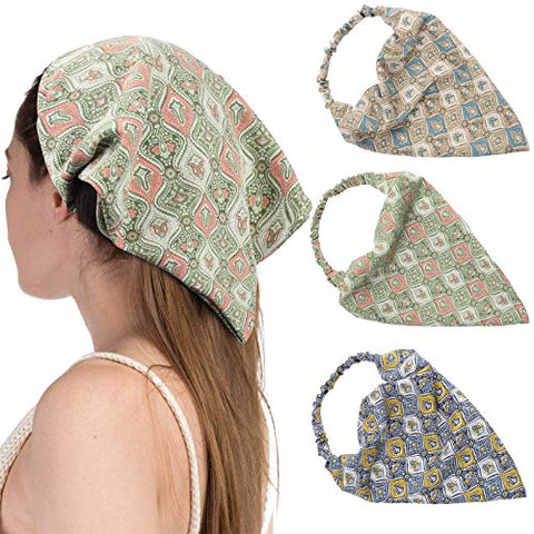 Floral Elastic Hair Scarf Headband - 3 PCS Chiffon Head Kerchief Headband Print Floral Hair Scarves with Hair Clips Kerchief Head Scarf Hair Bandanas for Women (White/Beige/Purple)