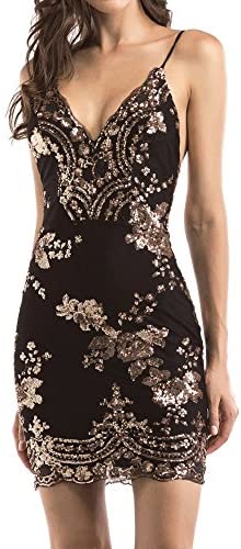 Women’s Sexy Backless Sparkling Dress Sequins Floral Deep V Neck Clubwear Party Bodycon Mini Short Dress