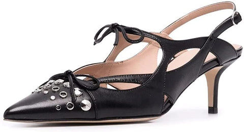 FSJ Women Cute Pointed Toe Cut Out Pumps Low Kitten Heel Sandals Double Mini Bows Slingback Comfy Buckle Office Dress Party Shoes Size 4-15 US