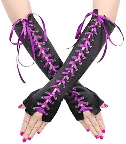 Womens Fingerless Gloves Black Satin Mitten Lace Up Steampunk Arm Warmer Gothic Elbow Gloves for Halloween Costume