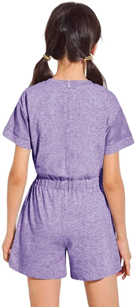Girls Kids Crewneck Shorts Rompers Short Sleeve Drawstring Back Zipper Cotton Cute One Piece Outfits Jumpsuit
