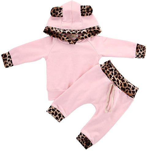 Baby Girls Newborn Clothing Sets Flowers Pink Leopard Long Sleeve Hoodie Tops Pants Outfit