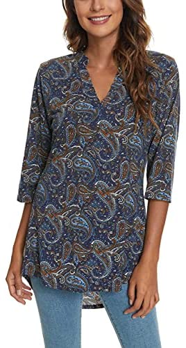 Women's 3/4 Roll Sleeve Tunic Shirts Floral Printed Hi-Low Hem V Neck Blouse Shirts