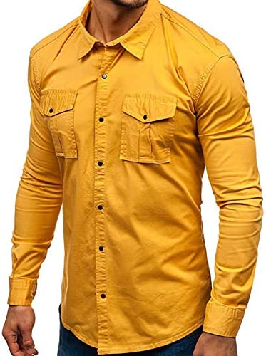 Mens Long Sleeve Snap Shirt - Casual Button Bown Tops Cargo Shirts Solid Work Western Dress Shirt