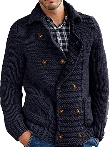 Mens Cable Knit Cardigan Sweater Stand Collar Button Down Loose Fit Long Sleeve Warm Casual Cardigans with Pockets