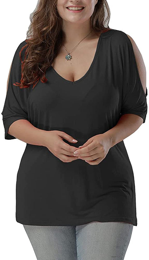 Women Plus Size Tops V Neck Short Sleeve Batwing Top Cold Shoulder T Shirt