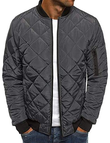 Mens Quilted Bomber Jackets Rib Diamond Lightweight Varsity Jackets Winter Chunky Flight Padded Coat Outwear