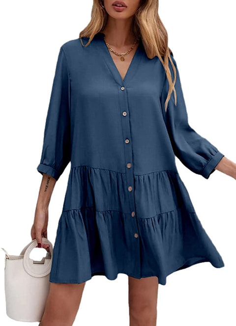 Dyexces Womens Long Sleeve Shift Dress V-Neck Button Up A-Line Midi Dress Summer Casual Loose Swing Tunic Dress