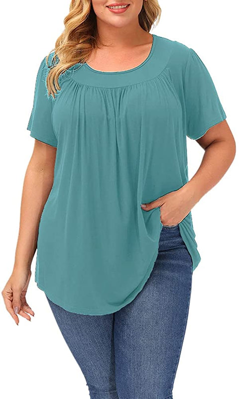 Plus Size Blouse Women Short Sleeve Blouses Summer Casual Pleated Tops