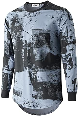 KLIEGOU Mens Hipster Hip Hop Ripped Round Hemline Pattern Print T Shirt