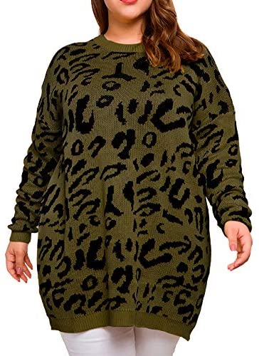 Women Plus Size Pullover Sweaters Long Sleeve Leopard Print Knitted Crew Neck Warm Sweater Tops