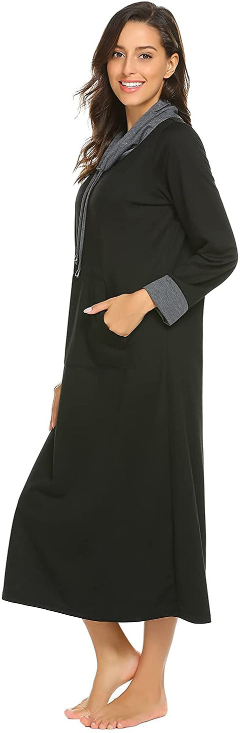 Ekouaer Nightgown Women High Neck Sleepwear Long Sleeve Nightshirt Full Length Nightdress with Pocket S-3XL